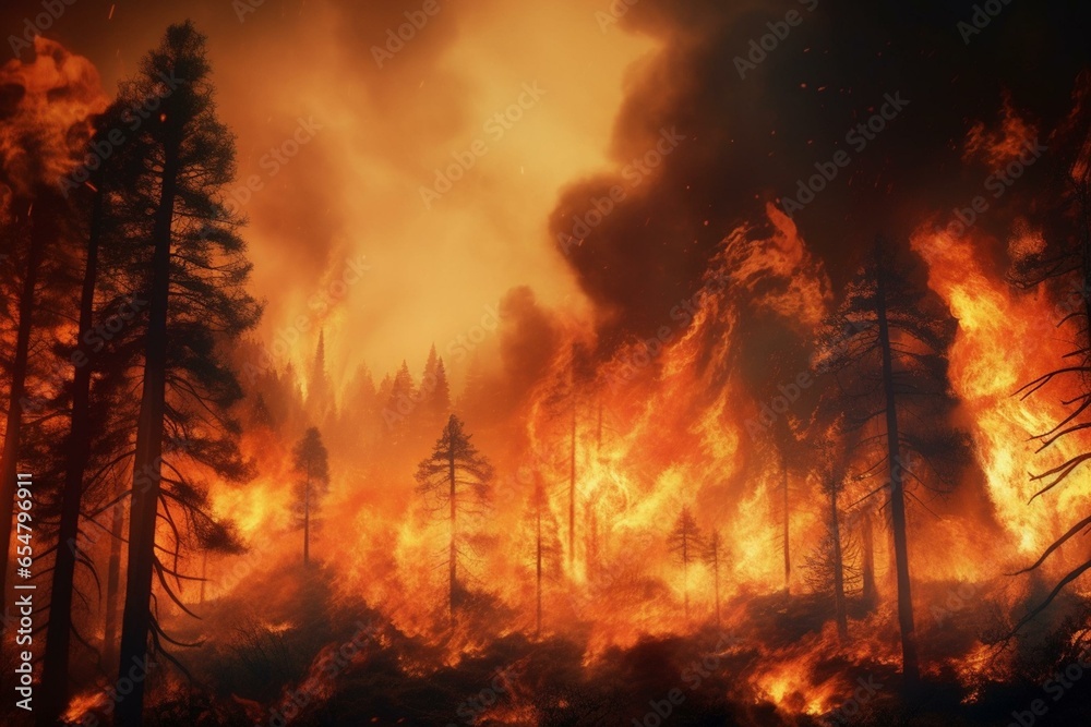 An ongoing forest fire with flames consuming trees and smoke rising into the sky. Depiction of environmental challenge. Generative AI