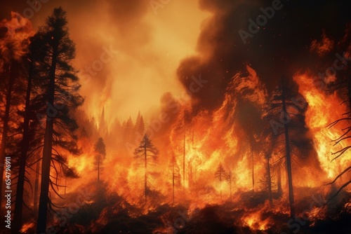 An ongoing forest fire with flames consuming trees and smoke rising into the sky. Depiction of environmental challenge. Generative AI © Benjamin