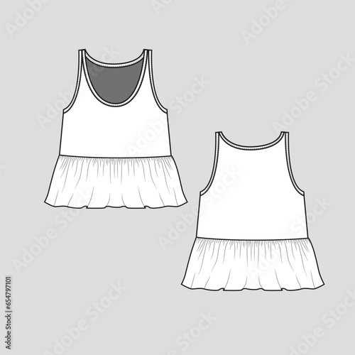 fashion tank ruffles crop top sleeveless tank scoop neck peplum fashion flounce flare hem  flat sketch technical drawing template design vector