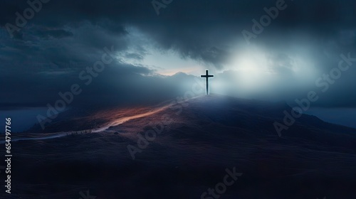 holy cross symbolizing the death and resurrection of Jesus Christ The sky over Golgotha Hill is shrouded in light and clouds