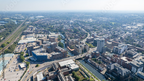 amazing aerial view of the downtown and river kennet of Reading, Berkshire, UK, daytime morning photo