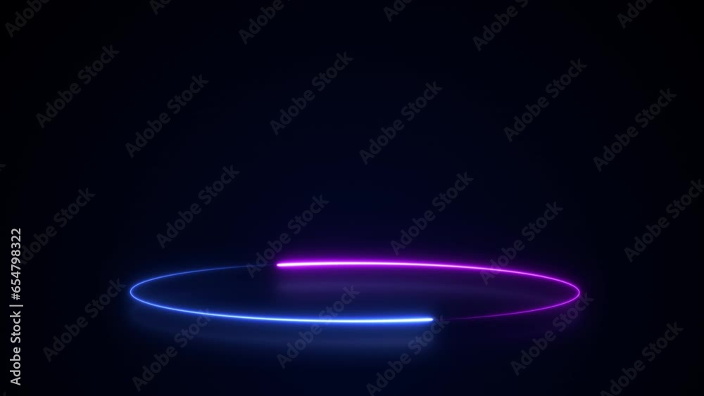 Animation of blue neon led lamp frame, empty space, ultraviolet light, 80's retro style, fashion show stage, abstract background, neon podium stage design. Abstract cosmic vibrant backlight circles