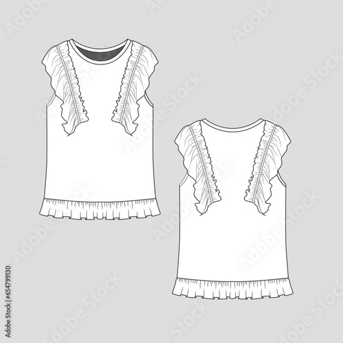 Ruffles sleeveless tank top crew neck ruffle detail sleeve and hem fashion cad  flat sketch technical drawing template design vector