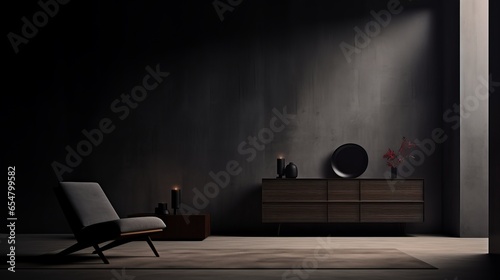 Experience Monochrome Luxury with Stylish Living Room Furniture, Cozy Atmosphere, and Sophisticated Decor, Design Concept of Dark Room And Chair