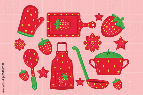Strawberry kitchen appliances sticker set. Strawberry sticker vector illustration. kitchen appliances clipart and kitchenware. Fantasy and fairy tale and kids illustration. Strawberry cartoon stickers