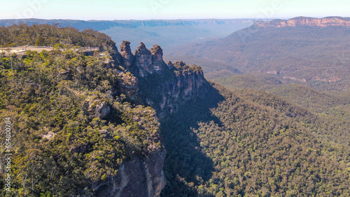 Aerial drone view of the Three Sisters rock formation and Echo Point at Katoomba in the Blue Mountains region, New South Wales, Australia on a sunny day in September 2023    photo