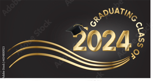 Graduating Class of 2024 in gold text in a circle around the year. 2024 is in Gold text. A graduation cap with a gold tassel sits on top of the year. wavy golden lines accent.
