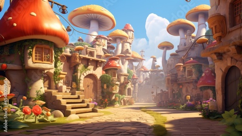 Cartoon giant mushroom city during the day 