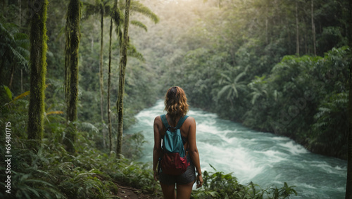 Rear view of woman in tropical rainforest with river