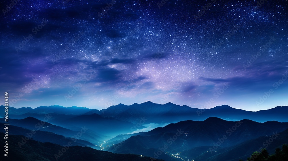 Landscape view of the Milky Way and purple sky shining over the mountain hills at night