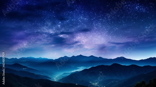 Landscape view of the Milky Way and purple sky shining over the mountain hills at night