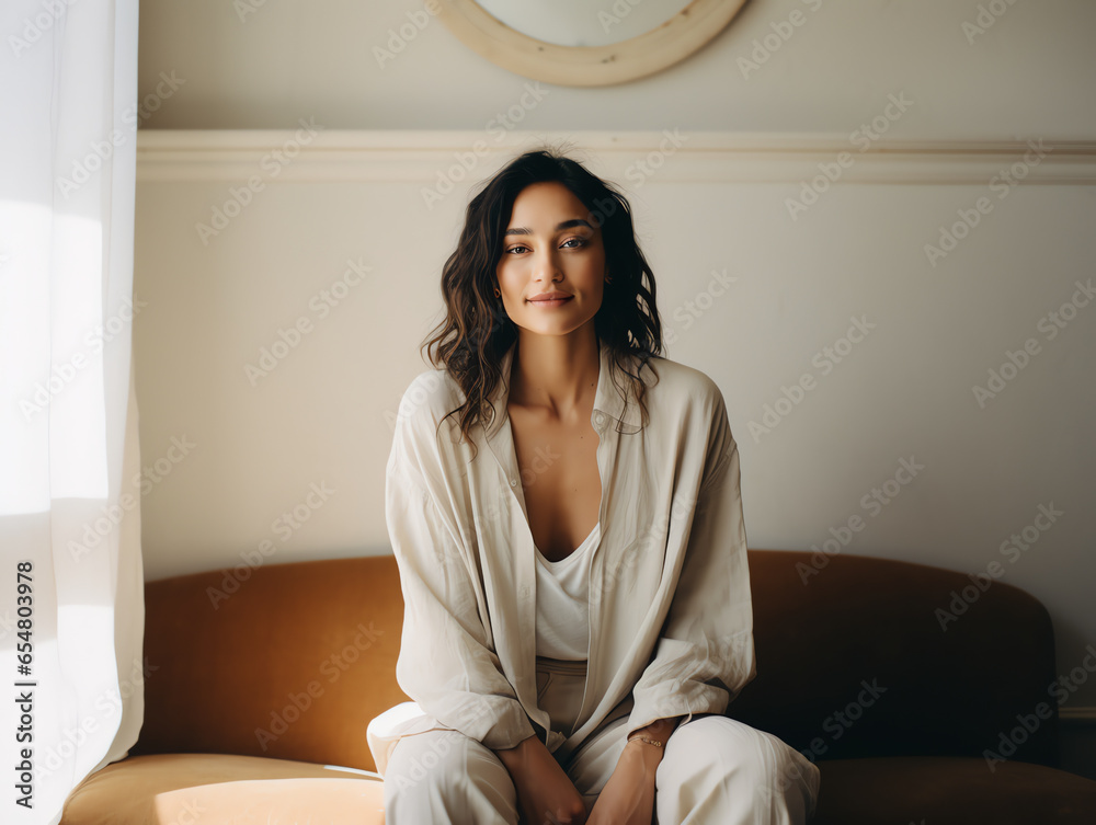 Portrait of asian beautiful woman feeling relax in cozy home Portrait of asian beautiful woman feeling relax in cozy home