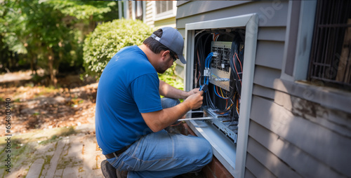  Network Technician installing fiber outside of home hd image