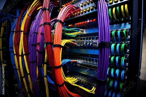 Fiber Optic cables connected to a network switch in data center