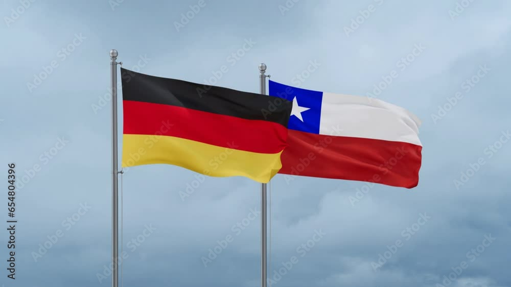 Chile flag and Germany flag waving together on cloudy sky, endless seamless loop, two country relations concept Chile flag and Germany flag waving together on cloudy sky, endless seamless loop, two country relations concept