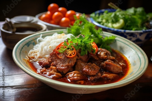 Traditional dish from Northern Thailand: pork sauce with rice noodles. Generative AI