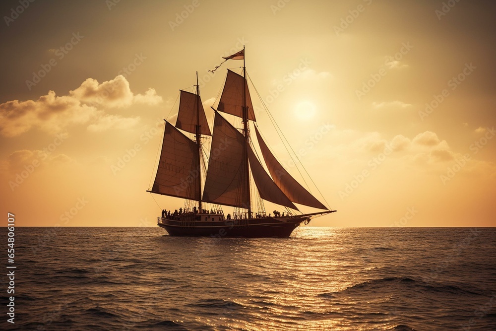 A vintage vessel with elevated sails amidst the setting sun. Generative AI