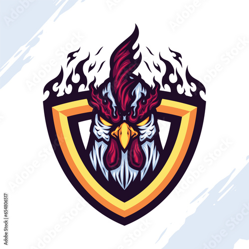 Foto Angry Fighting Rooster with Flaming Shield Logo Mascot