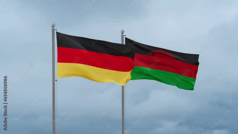 Malawi flag and Germany flag waving together on cloudy sky, endless seamless loop, two country relations concept Malawi flag and Germany flag waving together on cloudy sky, endless seamless loop, two country relations concept