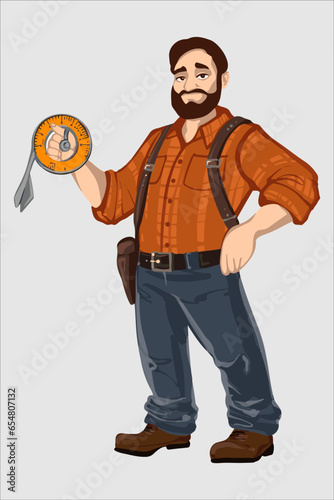 Man with tape measure in hand, concept art, digital art, full size portrait with construction tape measure in hand, in uniform. Charismatic mechanic, vector illustration, rugged male ranger