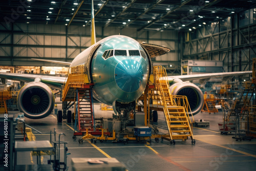 Passenger aircraft on maintenance of engine and repair in airport hangar
