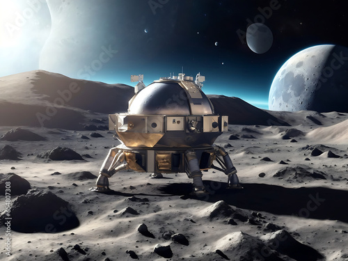 lunar space shutter lander on the surface of a planet of the moon with view OG planet earth globe in the background for astronomy concepts as wide banner with Copy Sapce area