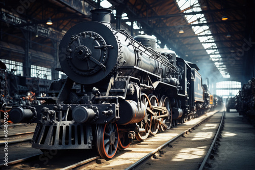 Old black steam locomotive engine train in a hangar