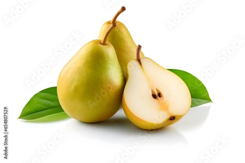 Fresh pears with leaves isolated on white background