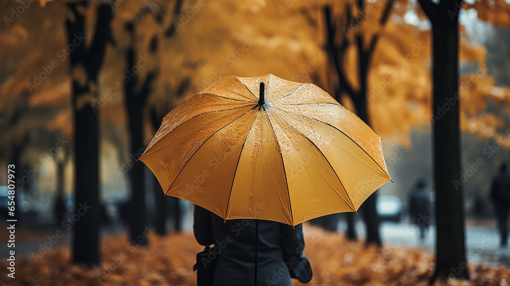 Person holding an umbrella under a soft autumn rain
