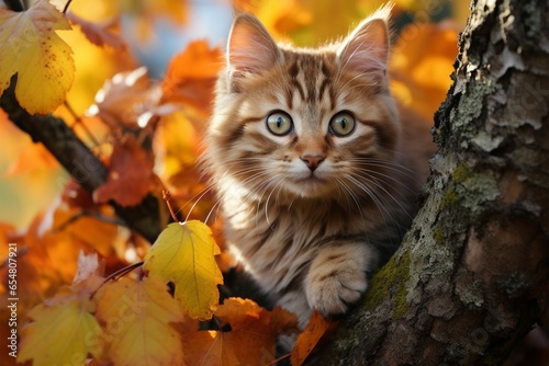 Autumns beauty a cute kitty perches on a colorful tree branch