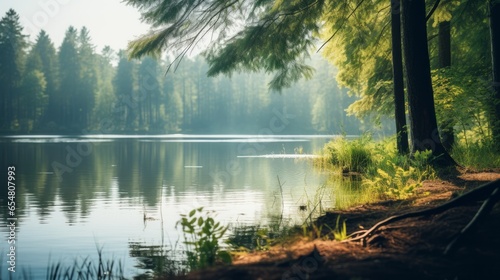 Soft-focus of a pristine lake surrounded by trees