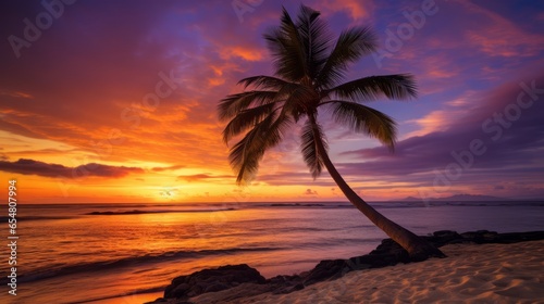 Silhouette of a palm tree against a dramatic sunset