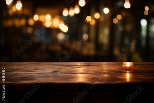 Cafe ambiance wooden table on a backdrop of golden bokeh