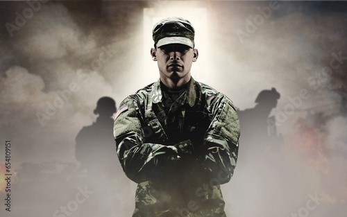 Obraz na plátně Man, soldier or hero in war with smoke in explosion, team or shadows in overlay for mockup