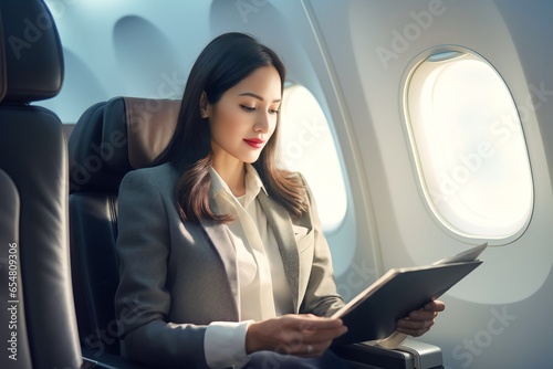 woman working inside airplane using digital tablet or laptop