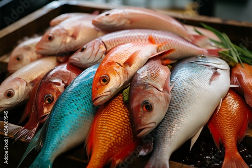 Colorful variety of fish displayed at the bustling seafood market