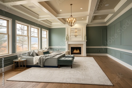 Elegantly designed master bedroom features wainscoting, crown molding, and coffered ceiling photo