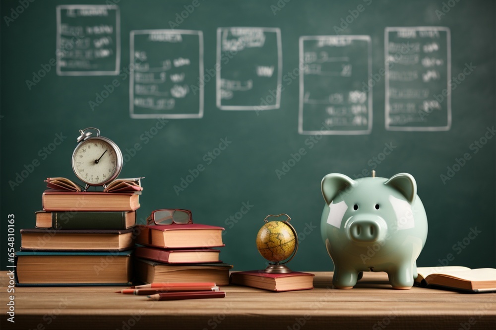 Green chalkboard serves as the backdrop for books and a piggy bank Green chalkboard serves as the backdrop for books and a piggy bank