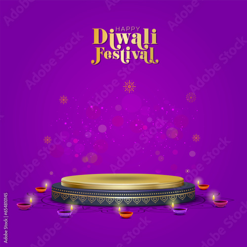 Diwali festival poster background. 3d Podium, Stage Design. Indian traditional Diya Lamp lights and sparkle background.