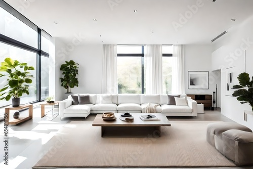 modern living room with furniture, A modern minimalist home design, characterized by clean lines, open spaces, and a monochromatic color palette © SANA