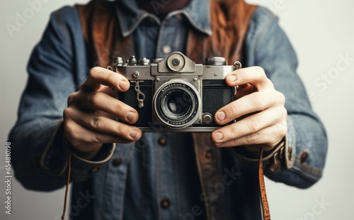 Hands cradle vintage camera, poised for a nostalgic photographic journey