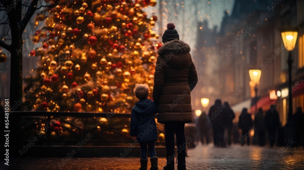 Family Christmas walk through the streets