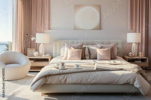 Serene bedroom adorned in soft hues, featuring a spacious double bed