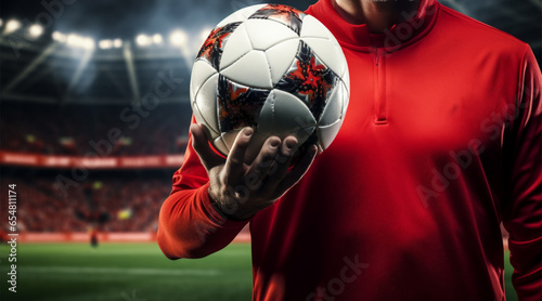 Soccer player in red team jersey holds ball, stadiums focal point