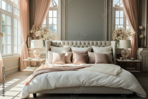 Soft color palette graces an elegant, classic bedroom with a double bed © Jawed Gfx