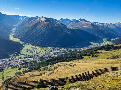 Autumn mountain panorama in the Parsenn Davos Klostes Mountains. Hiking and trail running or biking in the Alps. Snowy mountain peaks.  Wanderlust. High quality photo photo