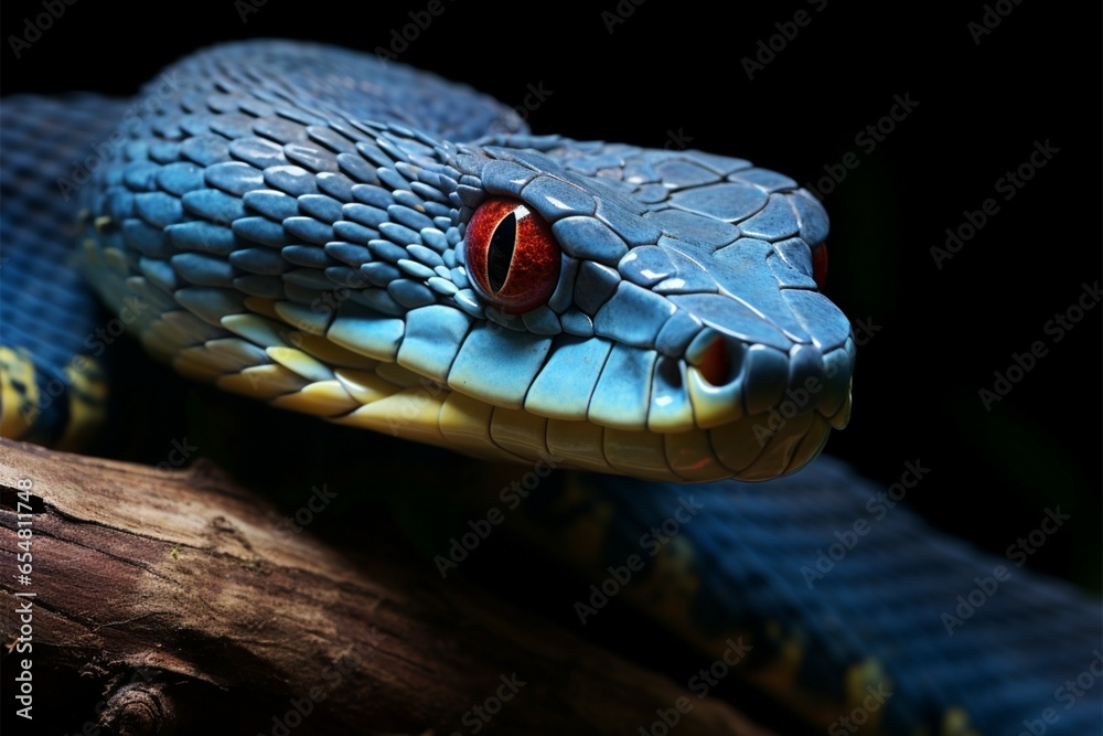 Fototapeta premium The captivating, altered visage of a blue viper snake up close