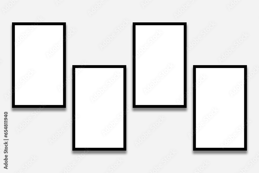 4 Blank rectangle photo frames template in a vertical layout with black borders . Used as a printable photo collage design or a mock up for album pictures or photographs in a gallery wall shape.