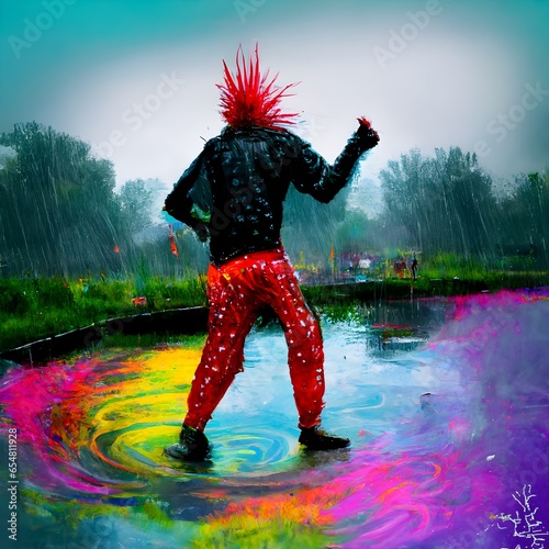 punker with big Mohawk wearing a teared thsirt black and red pants dancing in the rain pond and enjoying life colorful psychedelic place  photo