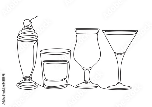 Drinks menu. Continuous one line drawing of glasses with cocktails. Illustration with quote template. Can used for logo, banner, booklet, flyer, brochure